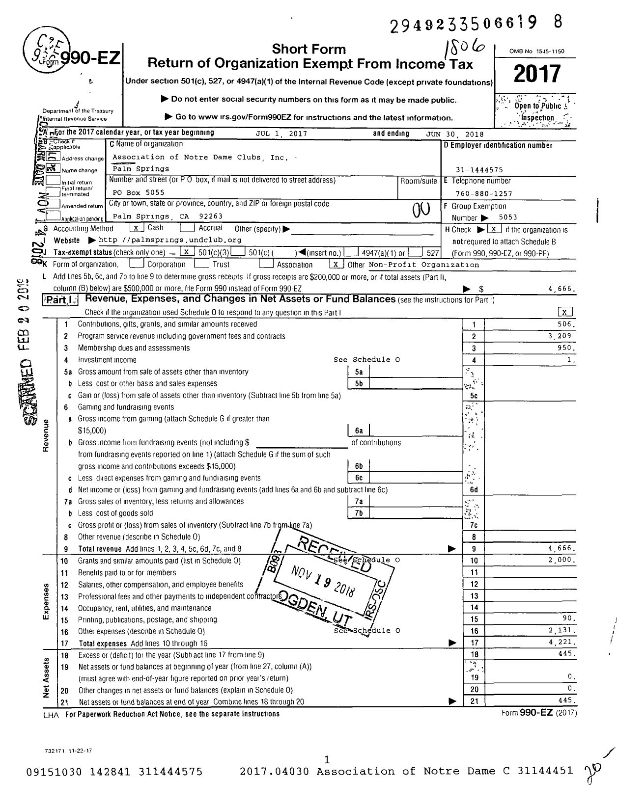 Image of first page of 2017 Form 990EO for Association of Notre Dame Clubs - Palm Springs