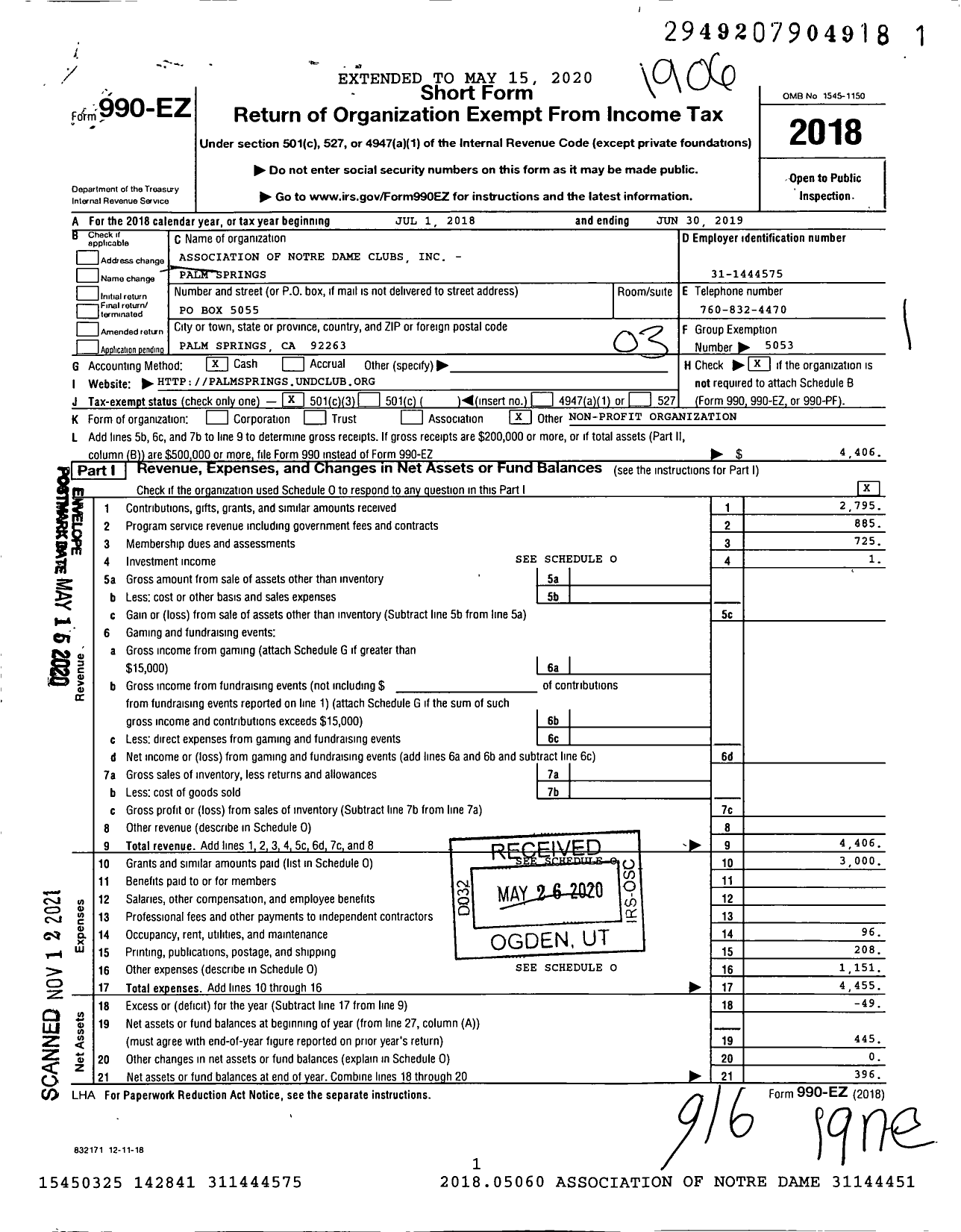 Image of first page of 2018 Form 990EZ for Association of Notre Dame Clubs - Palm Springs