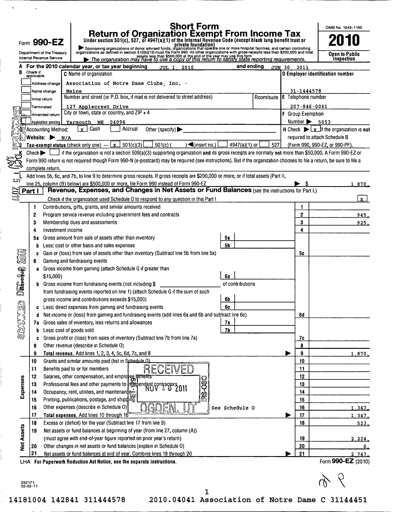 Image of first page of 2010 Form 990EZ for Association of Notre Dame Clubs Inc - Maine