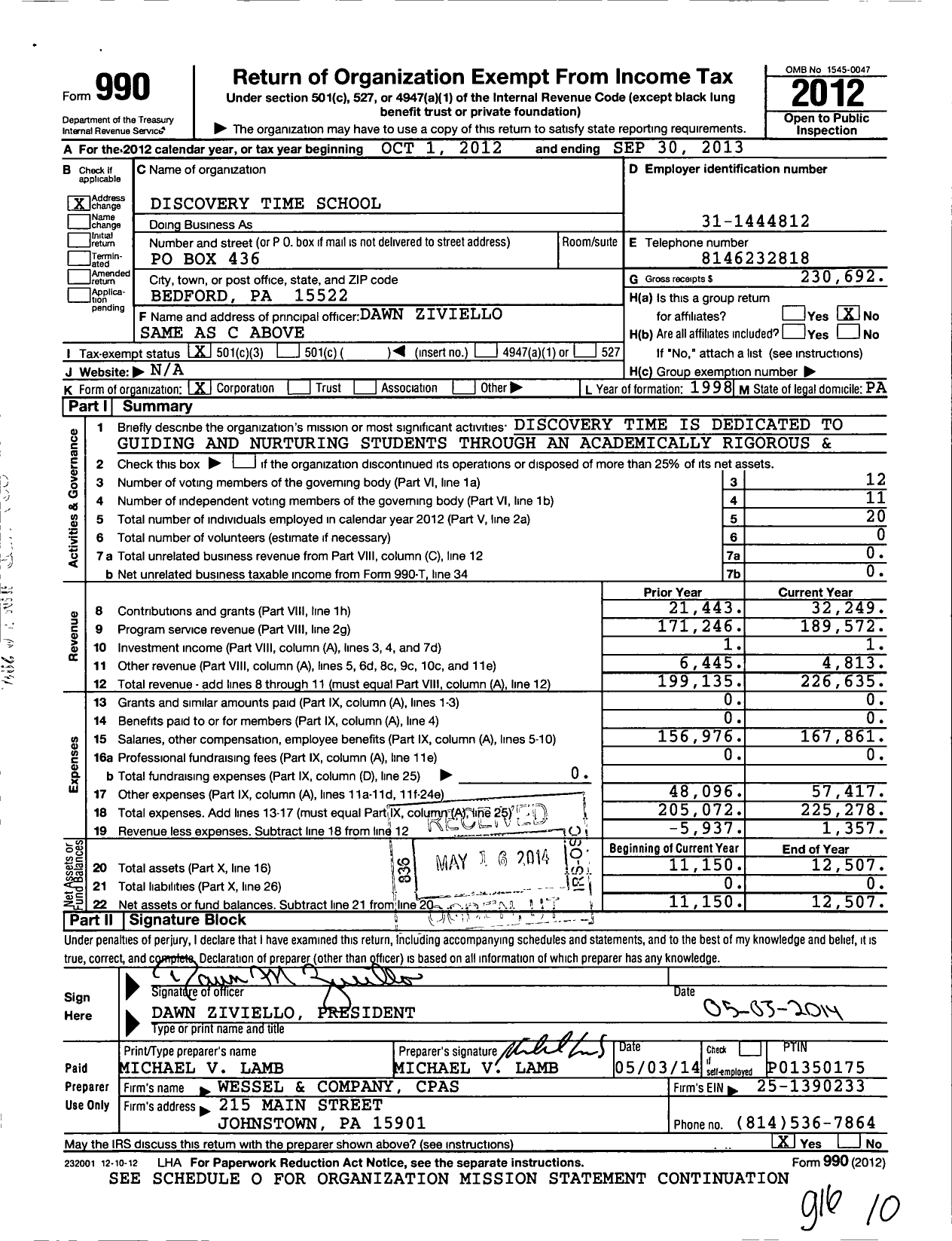 Image of first page of 2012 Form 990 for Discovery Time School