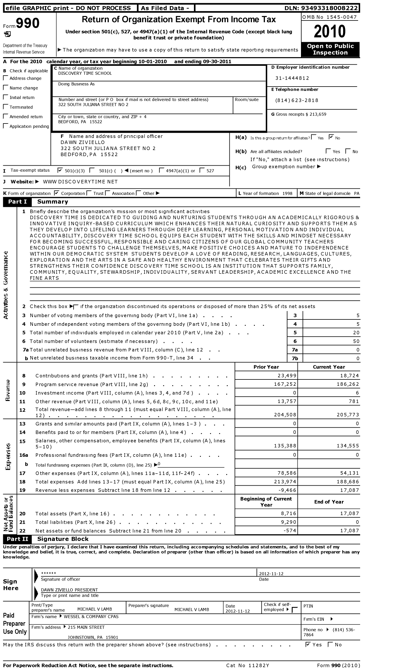 Image of first page of 2010 Form 990 for Discovery Time School