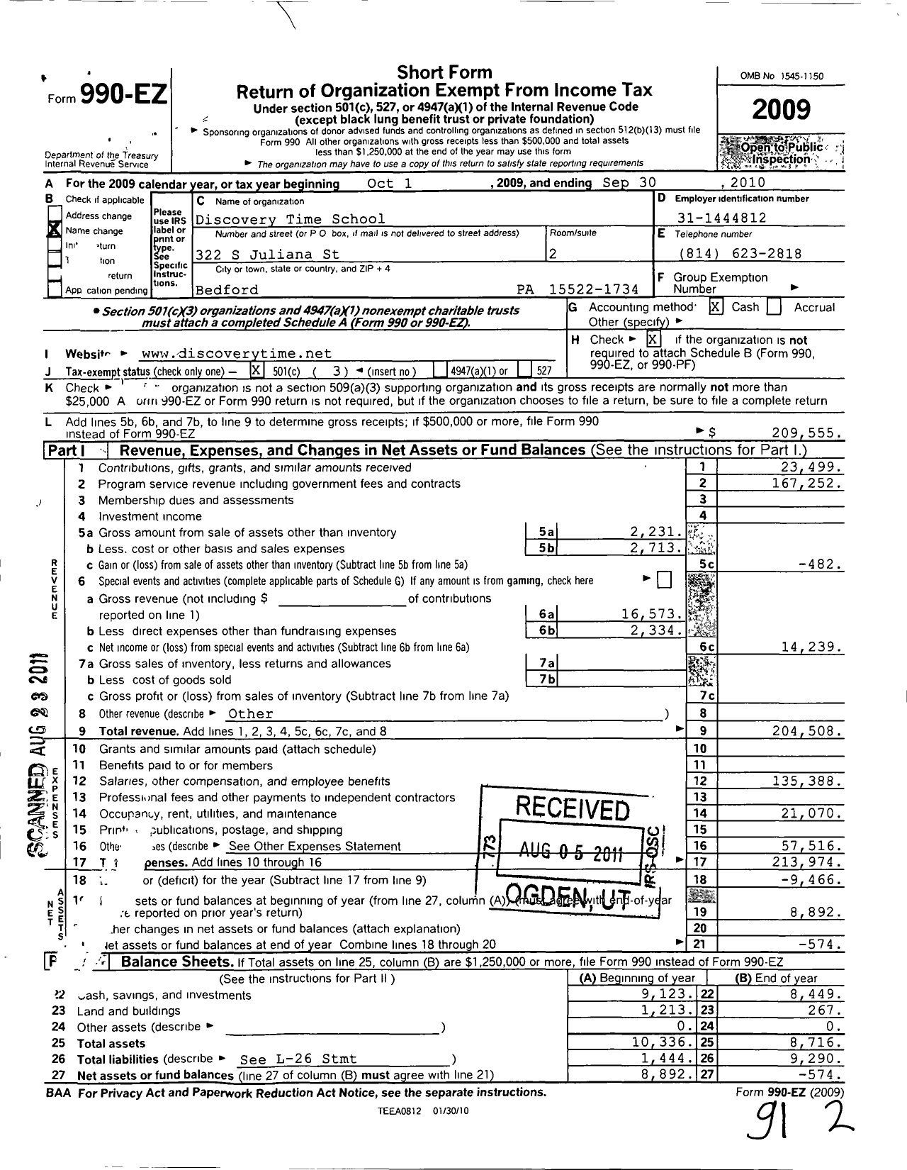 Image of first page of 2009 Form 990EZ for Discovery Time School