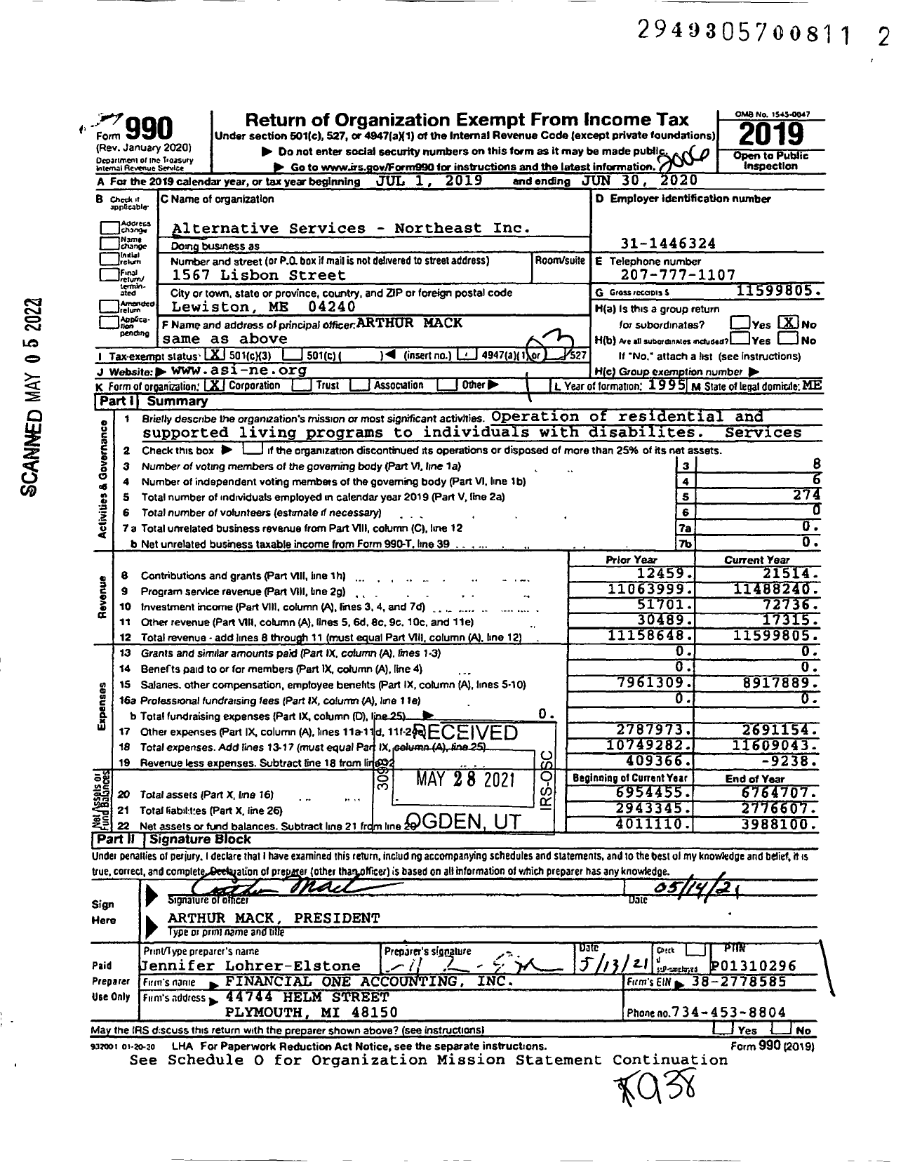 Image of first page of 2019 Form 990 for Alternative Services - Northeast