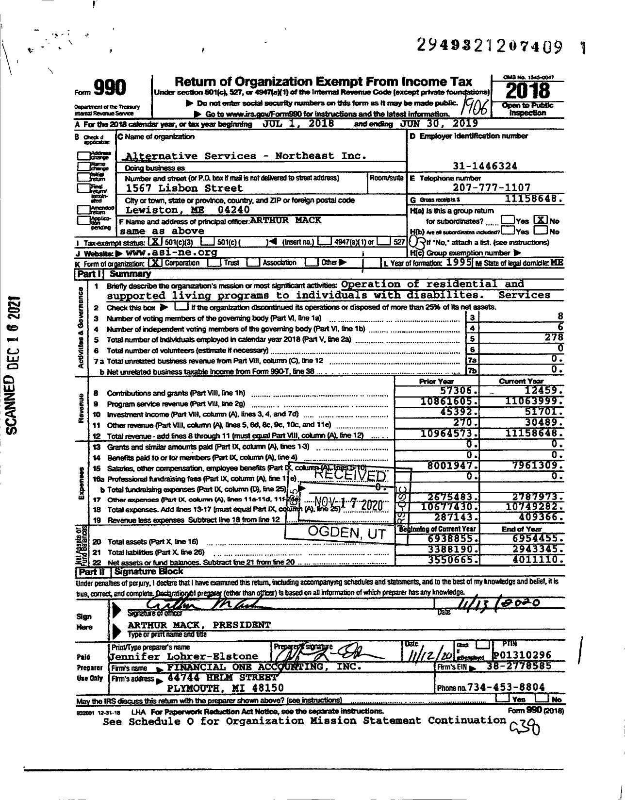 Image of first page of 2018 Form 990 for Alternative Services - Northeast