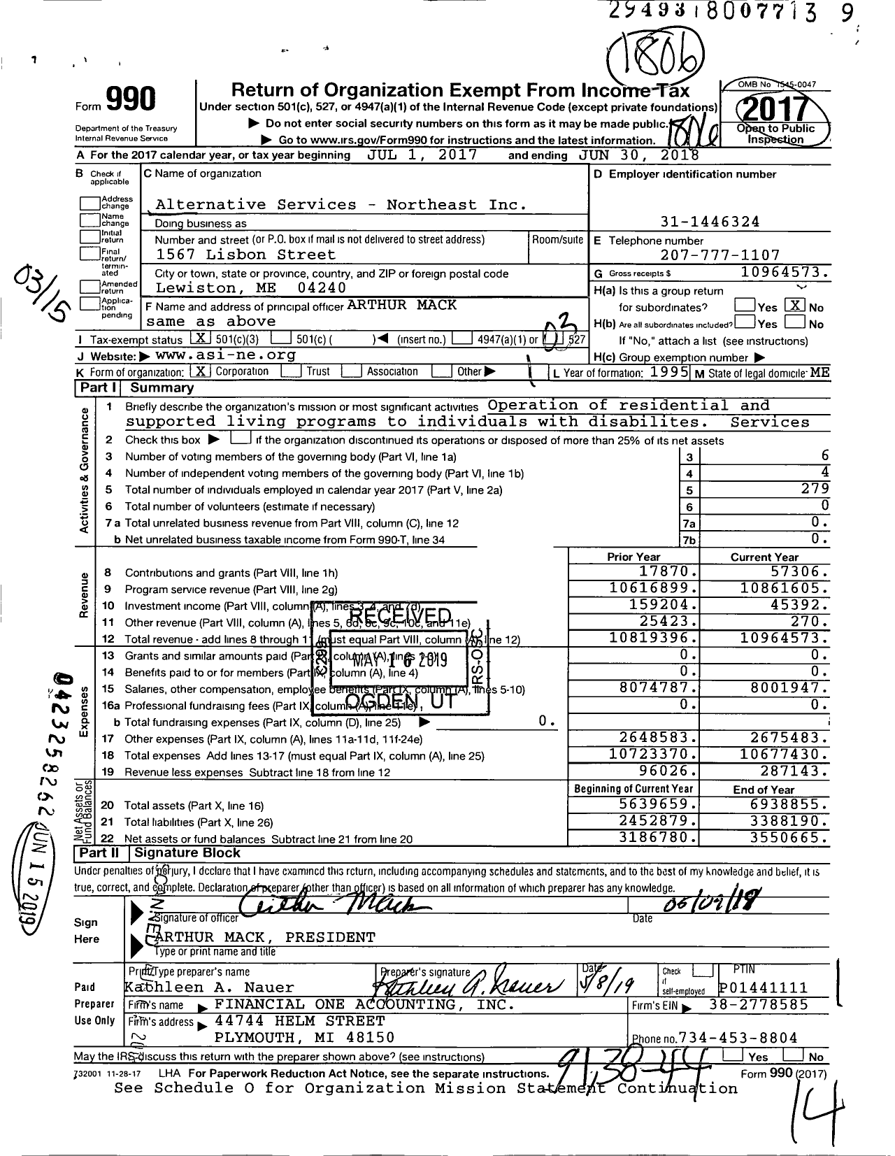 Image of first page of 2017 Form 990 for Alternative Services - Northeast