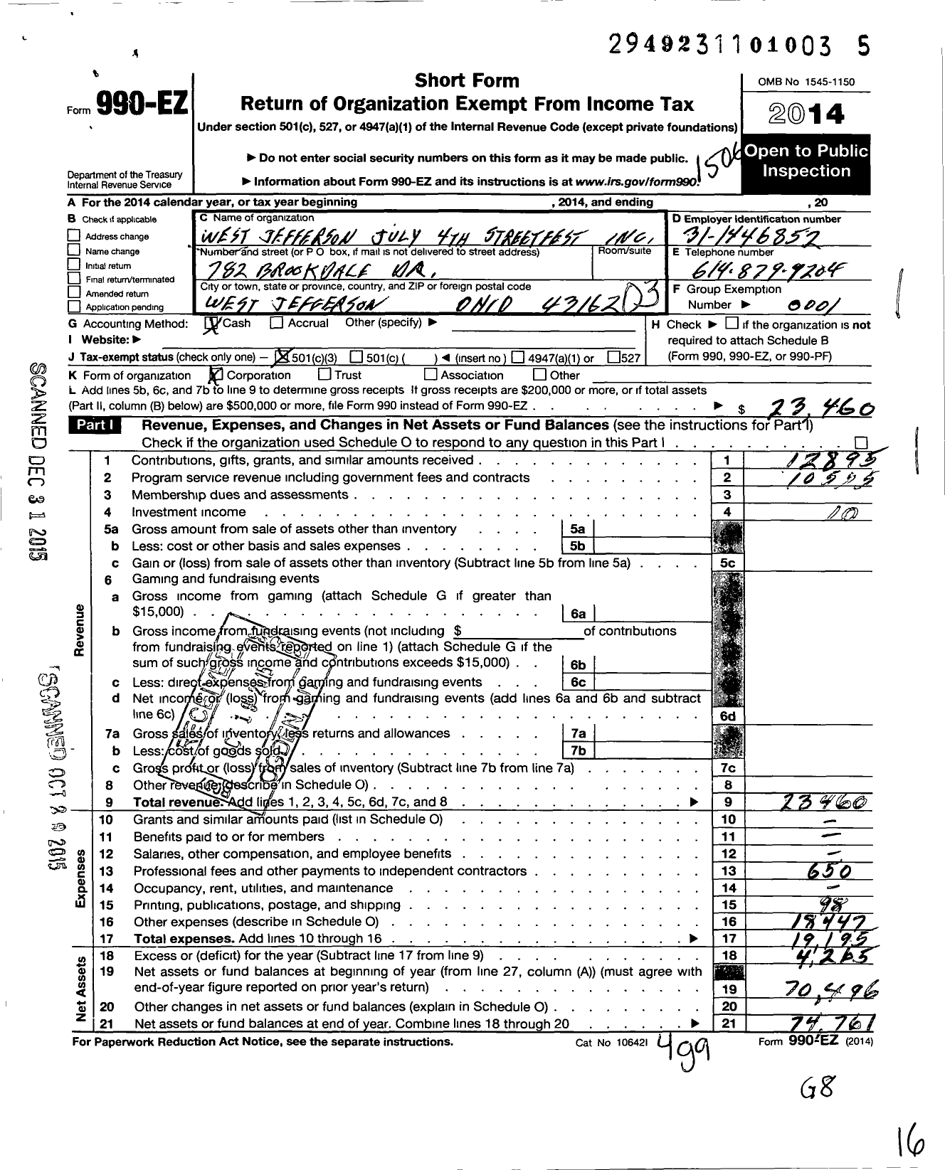 Image of first page of 2014 Form 990EZ for West Jefferson July 4th Streetfest