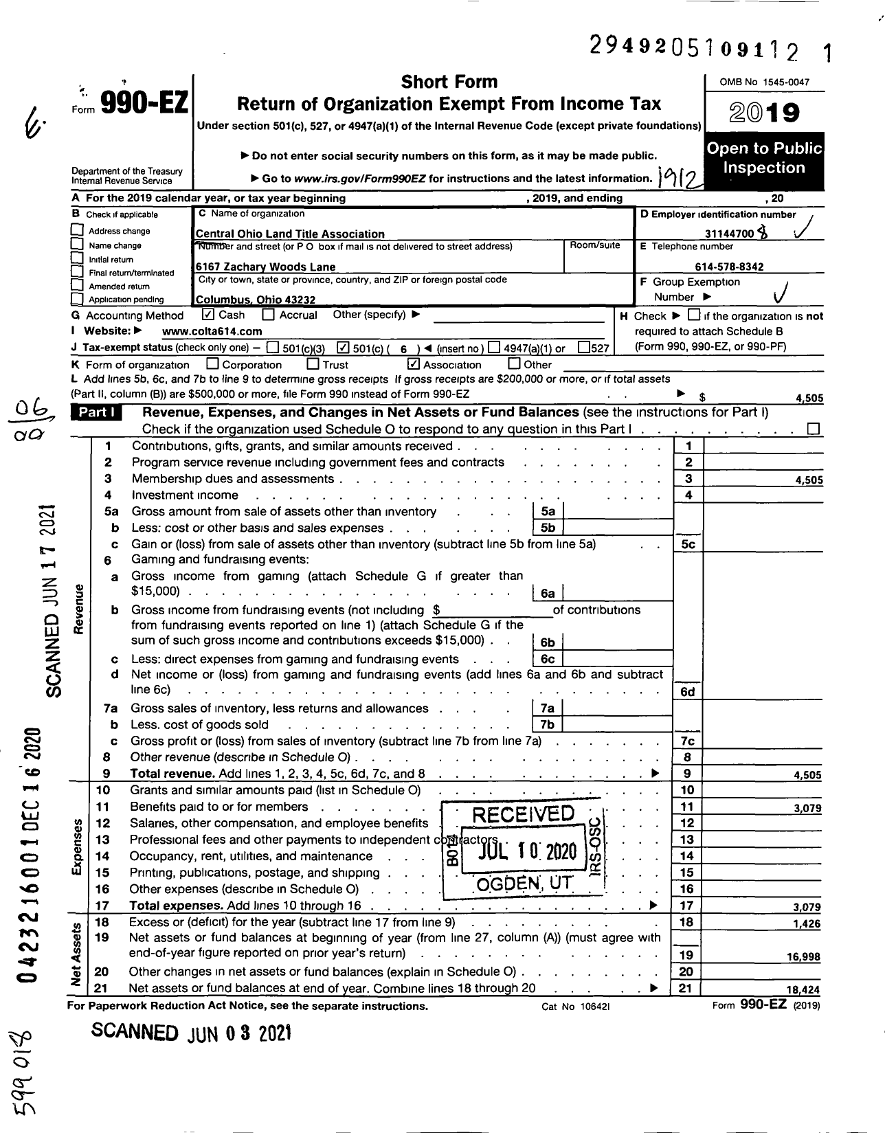 Image of first page of 2019 Form 990EO for Central Ohio Land Title Association