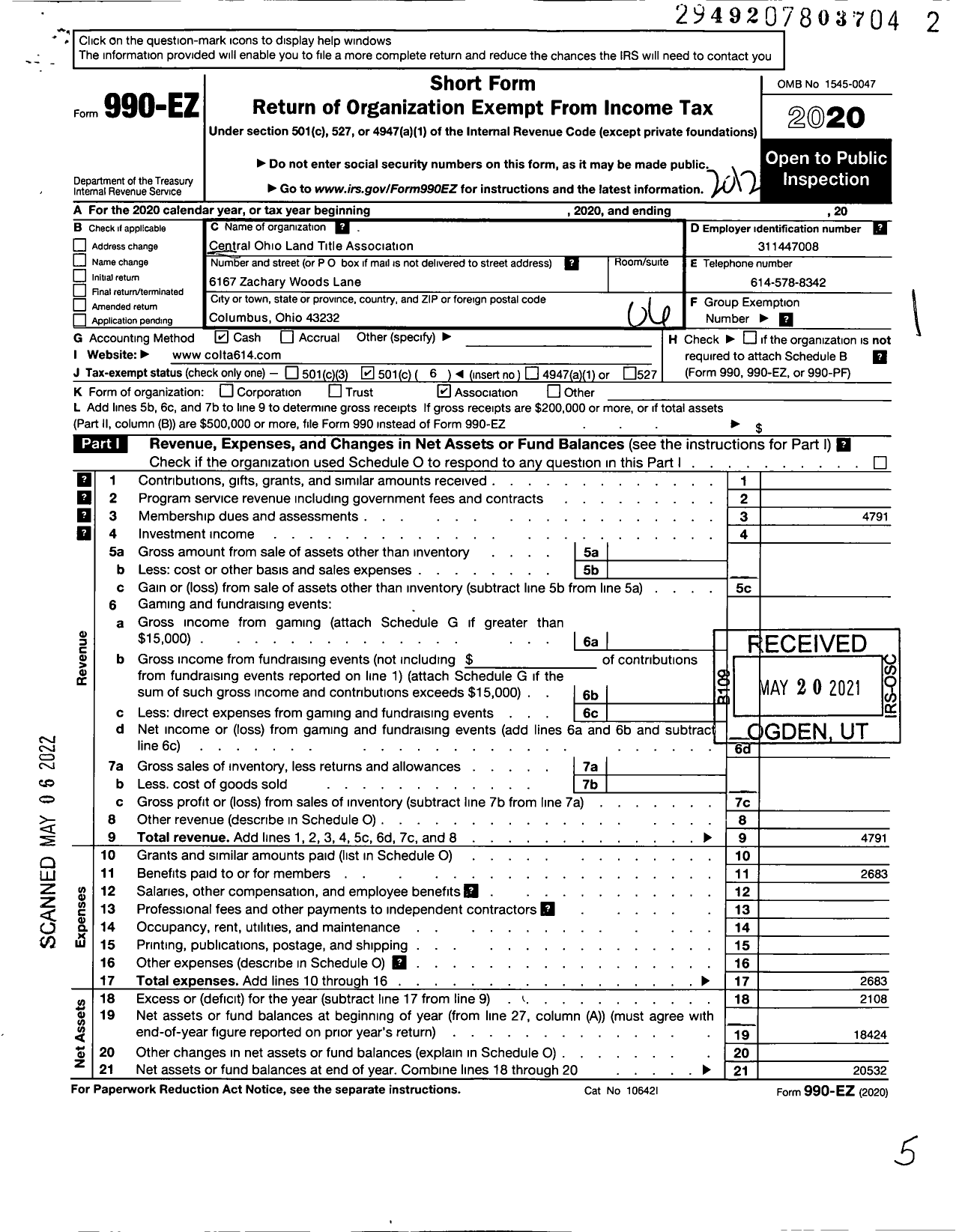 Image of first page of 2020 Form 990EO for Central Ohio Land Title Association