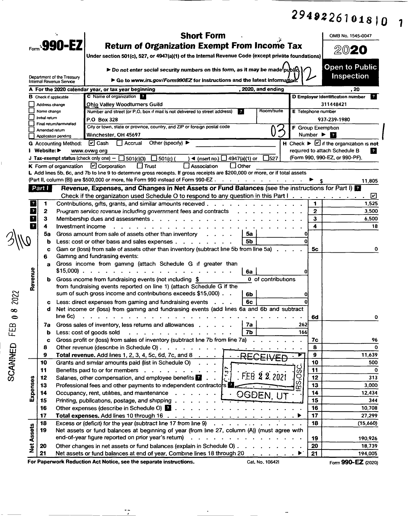 Image of first page of 2020 Form 990EZ for Ohio Valley Woodturners Turners Guild