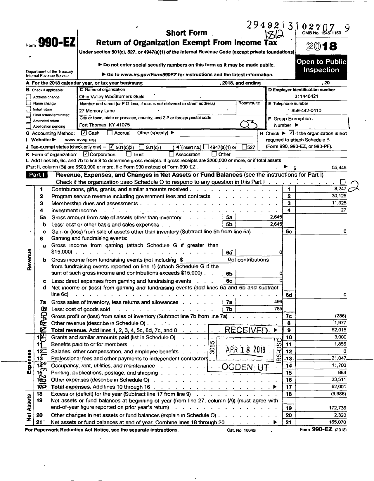 Image of first page of 2018 Form 990EZ for Ohio Valley Woodturners Turners Guild