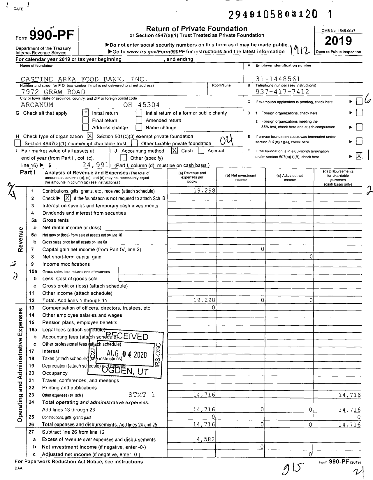 Image of first page of 2019 Form 990PF for Castine Area Food Bank