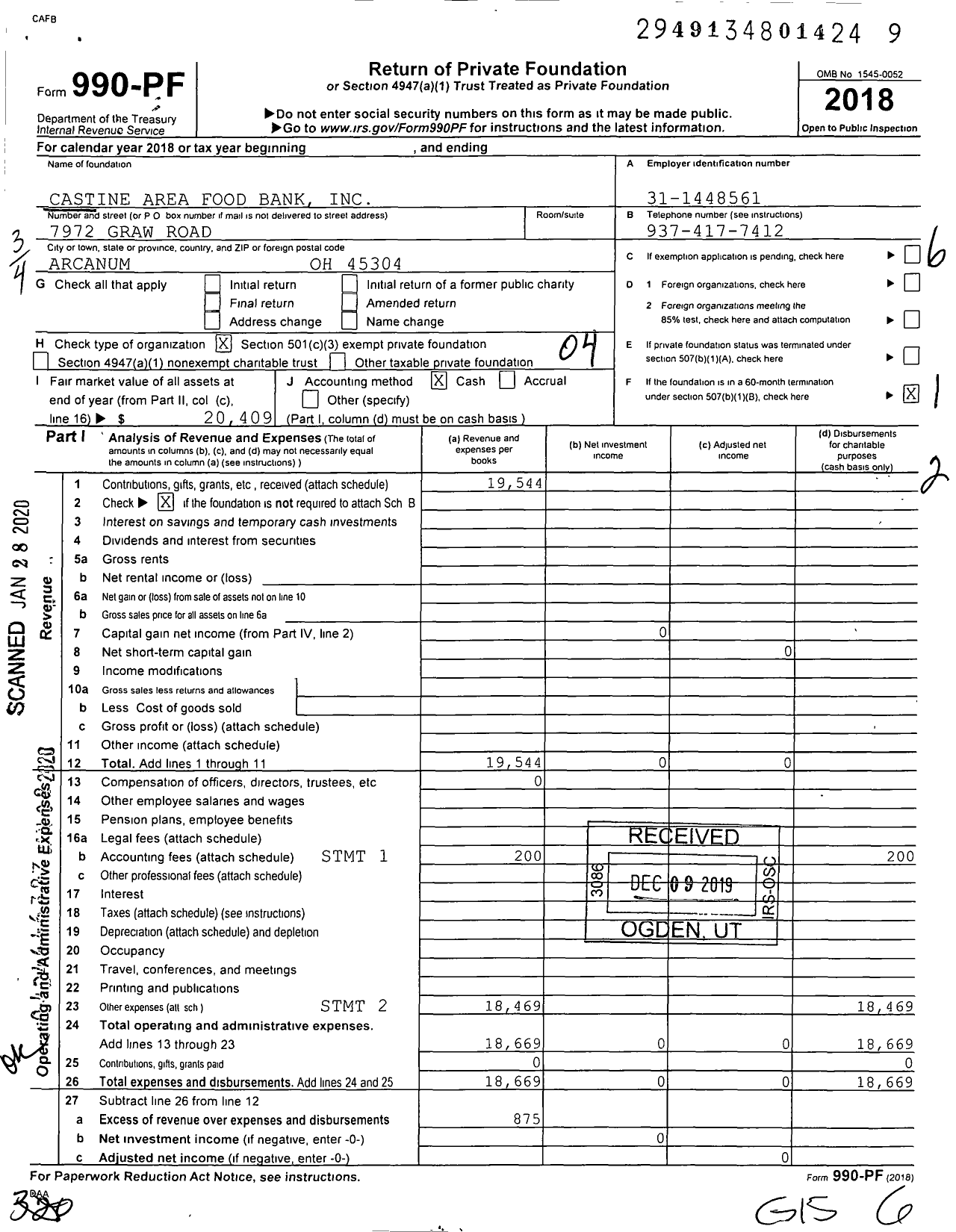 Image of first page of 2018 Form 990PF for Castine Area Food Bank