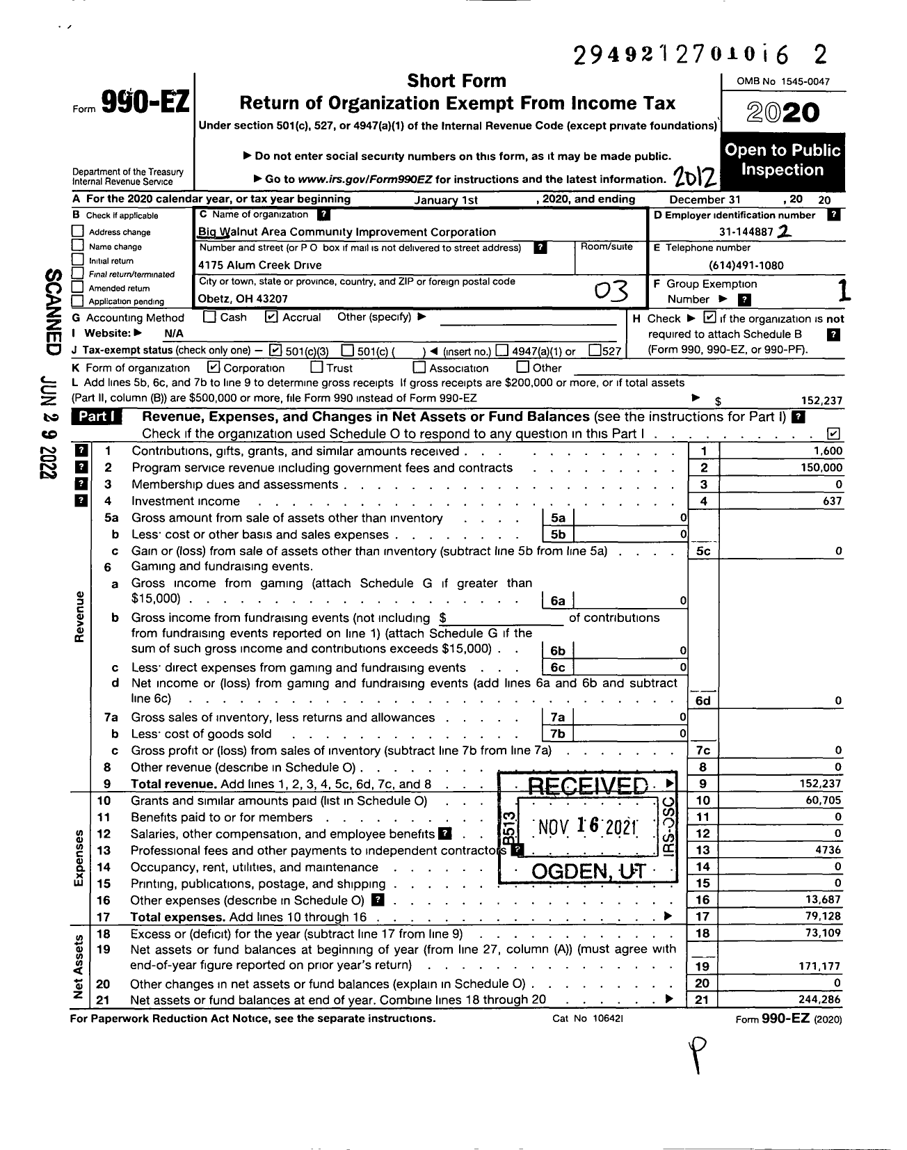 Image of first page of 2020 Form 990EZ for Big Walnut Area Community Improvement Corporation