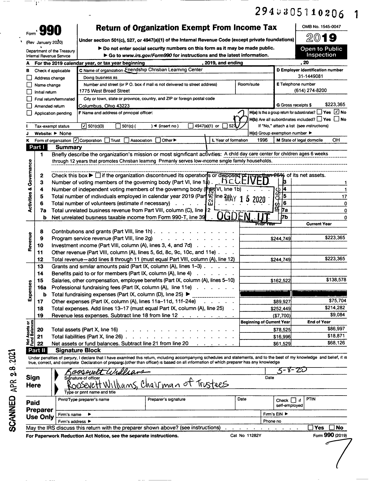 Image of first page of 2019 Form 990 for Friendship Christian Learning Center