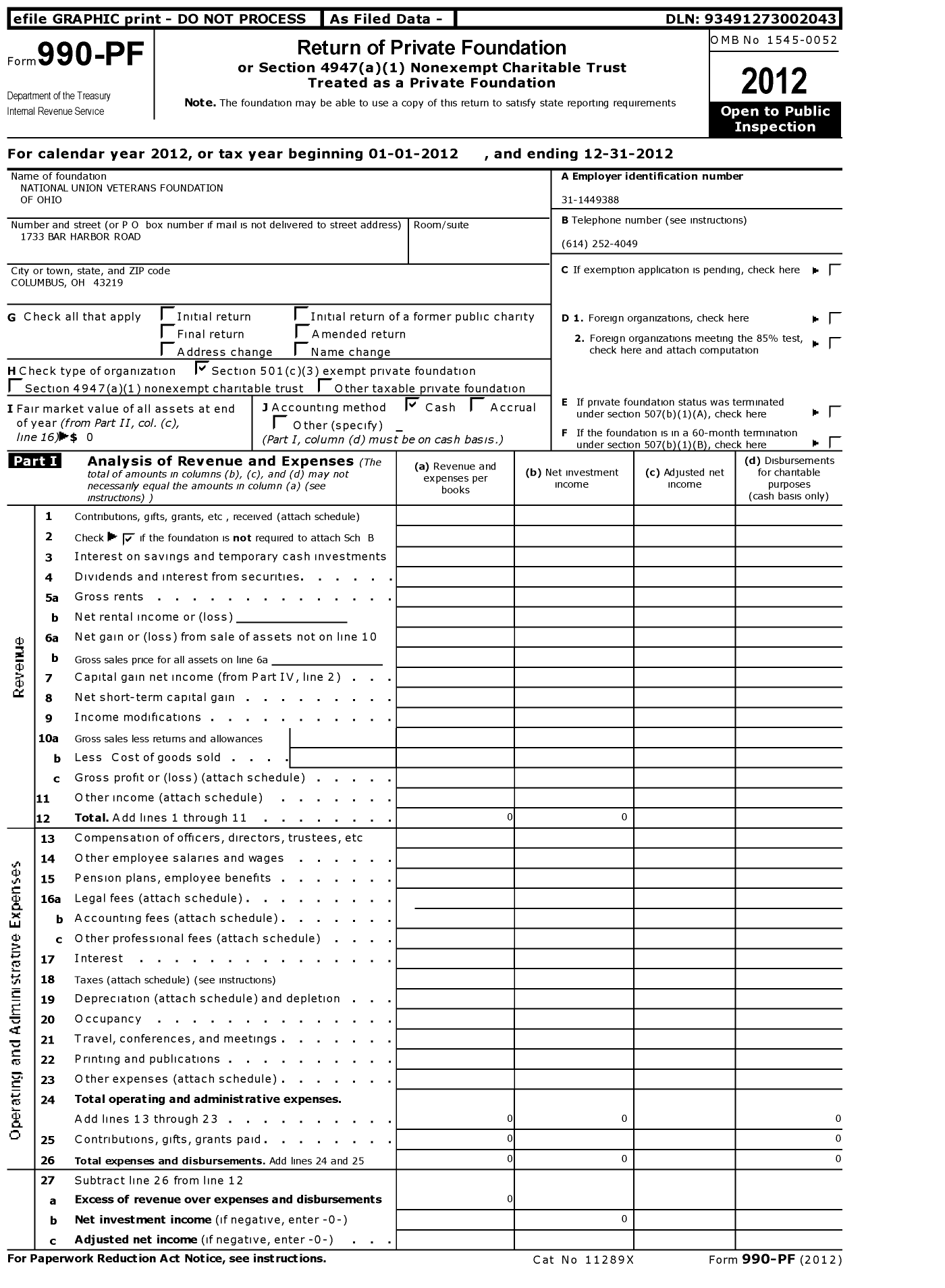 Image of first page of 2012 Form 990PF for National Union Veterans Foundation of Ohio