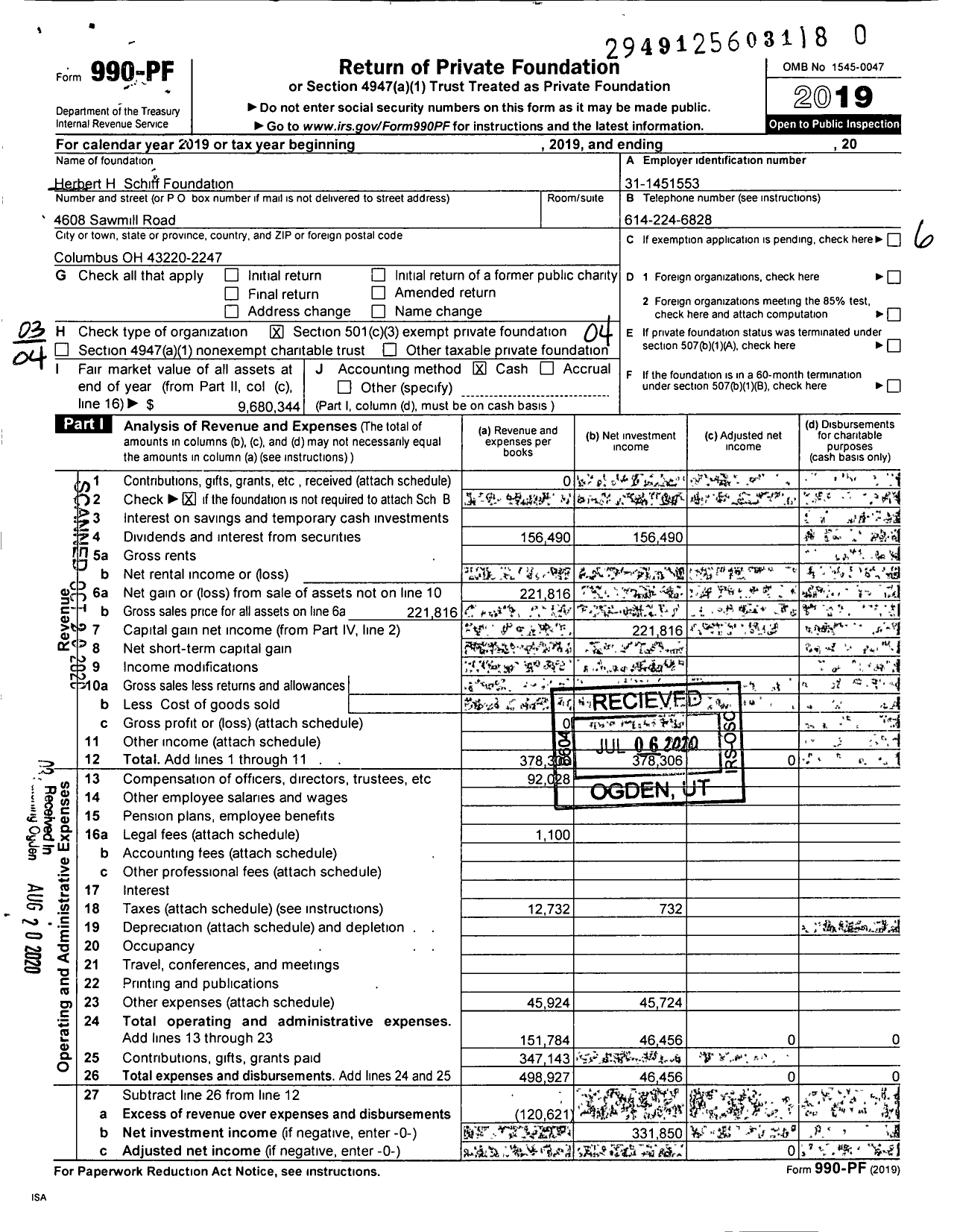 Image of first page of 2019 Form 990PR for Herbert H Schiff Foundation