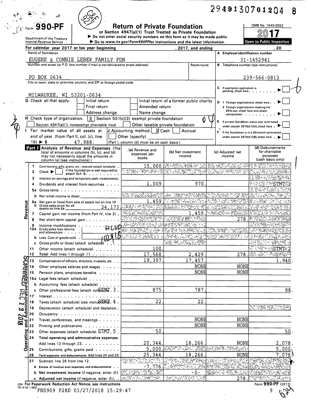 Image of first page of 2017 Form 990PF for Eugene and and Connie J Leber Family Foundation