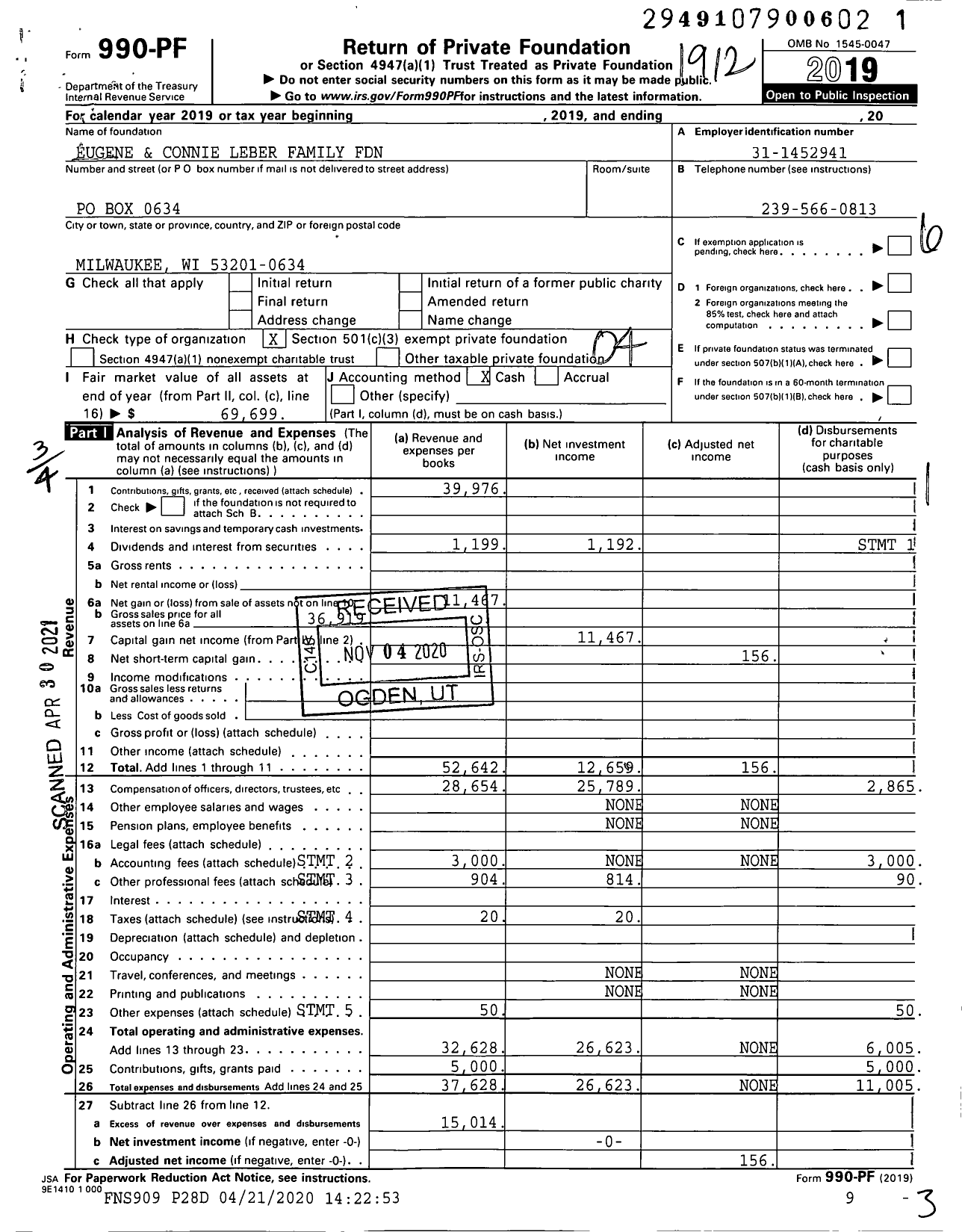 Image of first page of 2019 Form 990PF for Eugene and and Connie J Leber Family Foundation