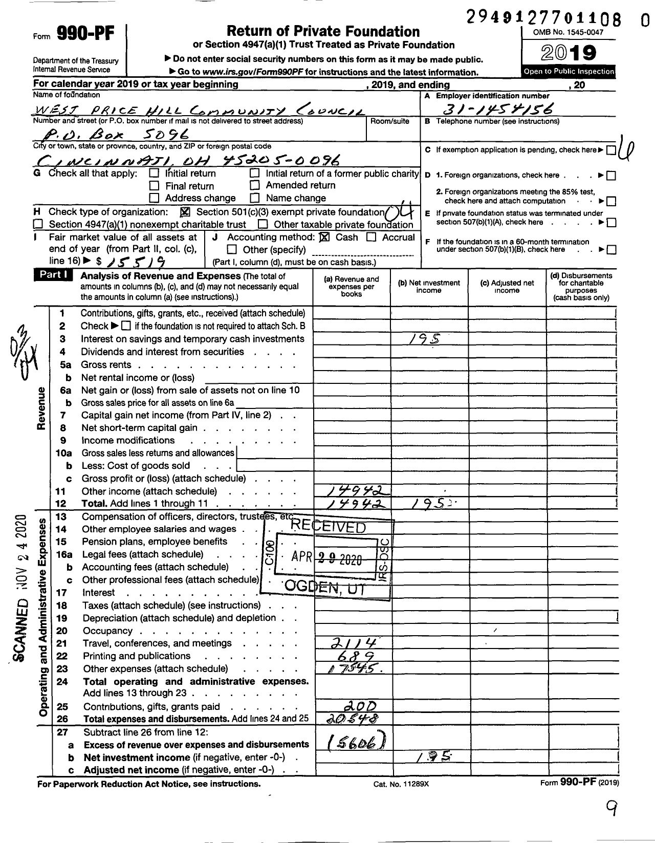 Image of first page of 2019 Form 990PF for West Price Hill Community Council