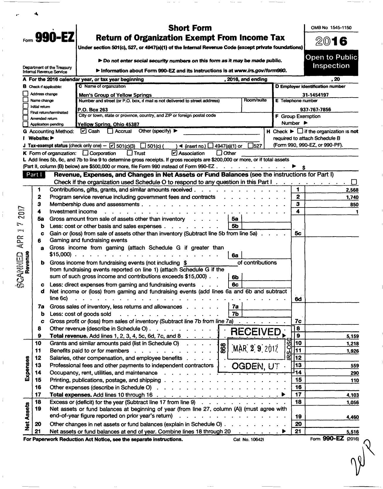 Image of first page of 2016 Form 990EZ for Yellow Springs Mens Group