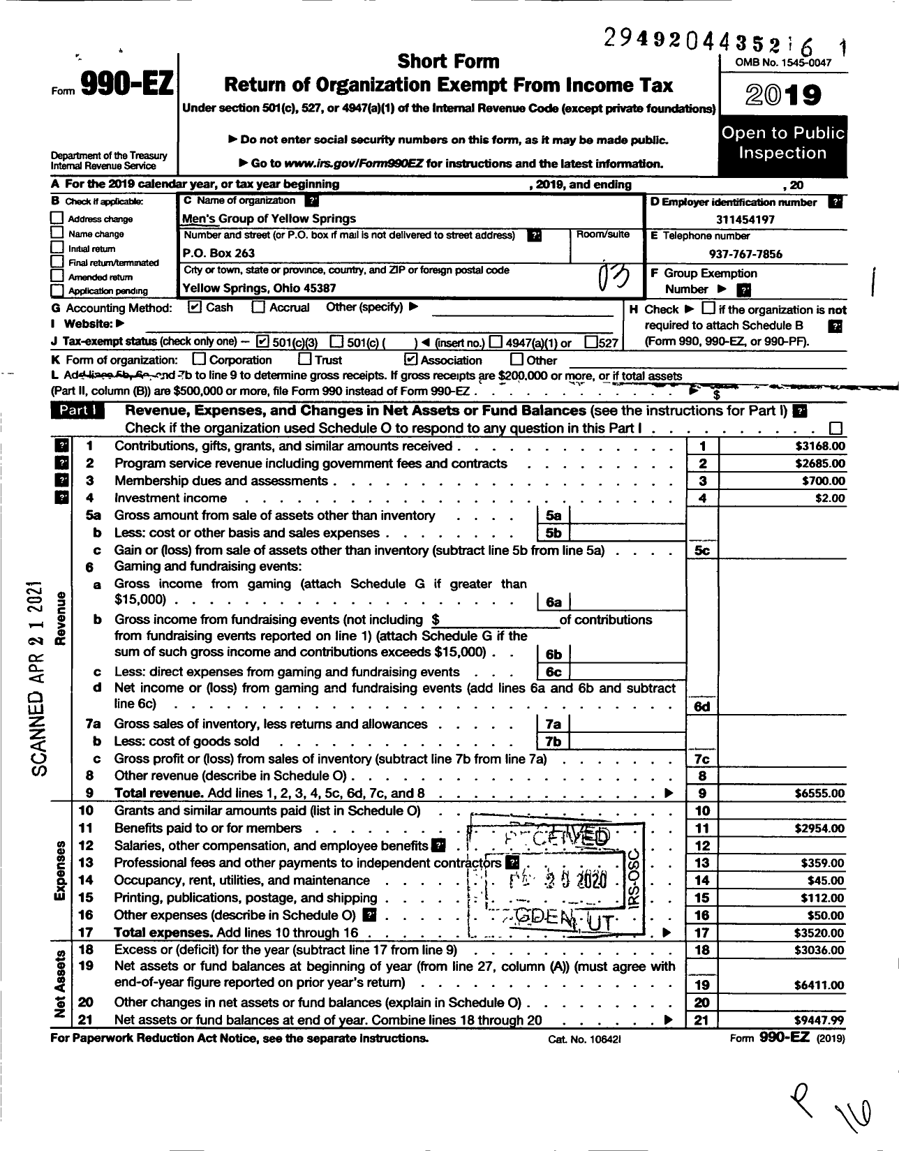 Image of first page of 2019 Form 990EZ for Yellow Springs Mens Group