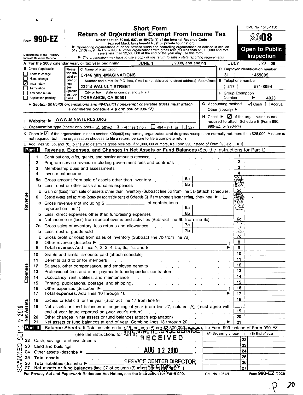 Image of first page of 2008 Form 990EZ for National Association of Miniature Enthusiasts / C-146 Mini-Imaginations