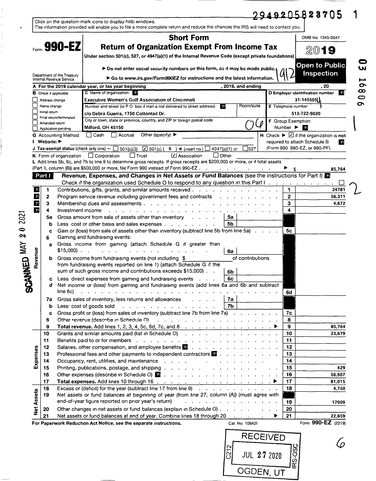 Image of first page of 2019 Form 990EO for Executive Womens Golf Assn