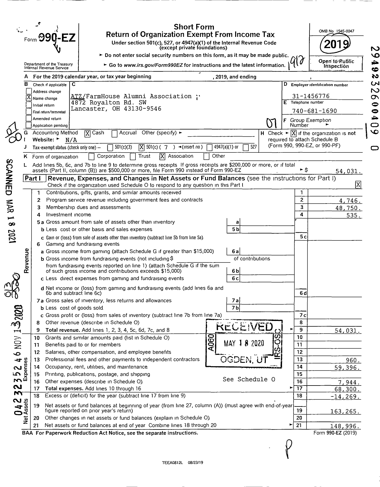 Image of first page of 2019 Form 990EO for ATZFarmHouse Alumni Association