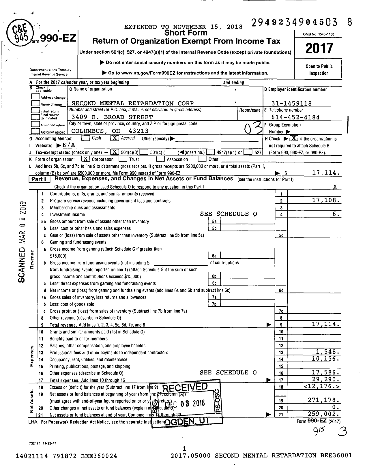 Image of first page of 2017 Form 990EZ for Second Mental Retardation Corporation