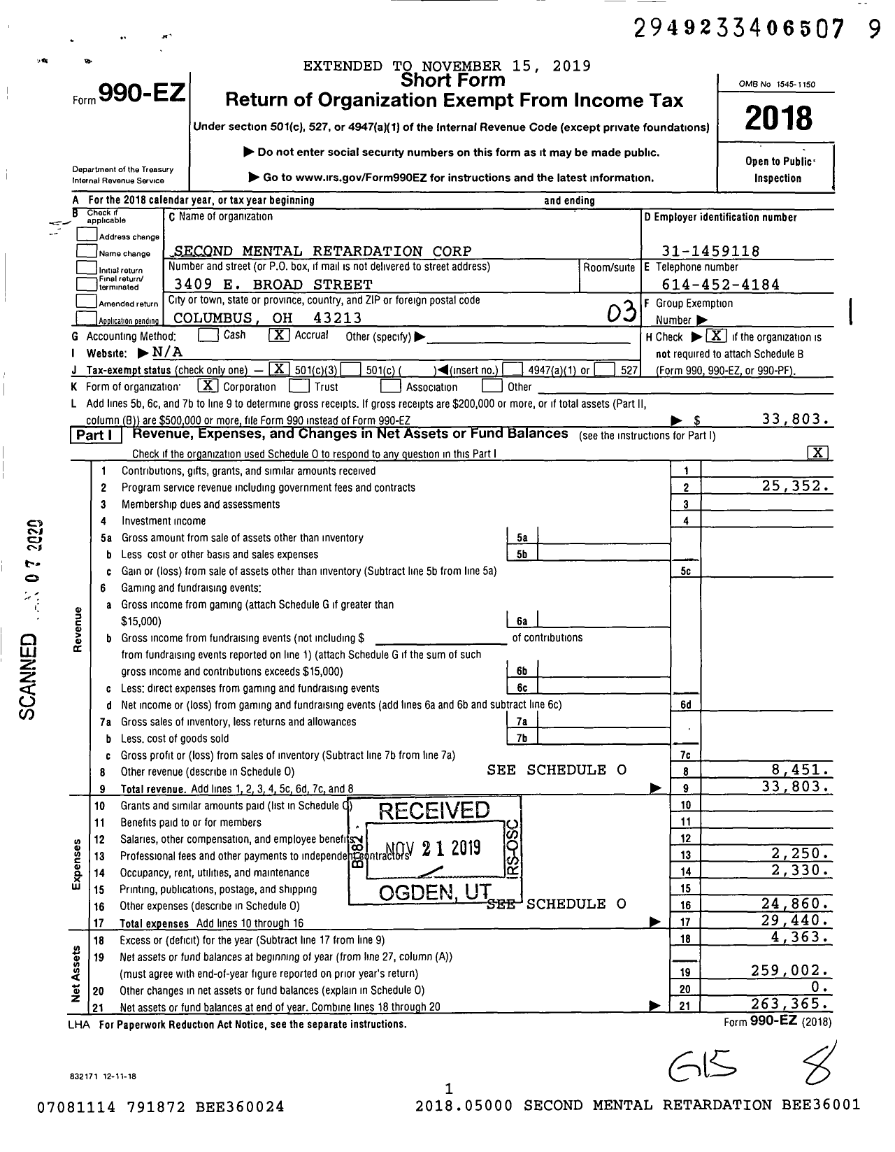 Image of first page of 2018 Form 990EZ for Second Mental Retardation Corporation