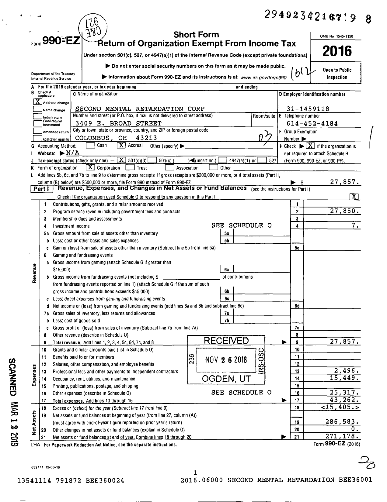 Image of first page of 2016 Form 990EZ for Second Mental Retardation Corporation