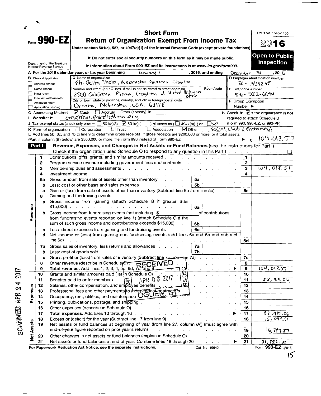 Image of first page of 2016 Form 990EO for Phi Delta Theta Fraternity - Nebraska Gamma Chapter