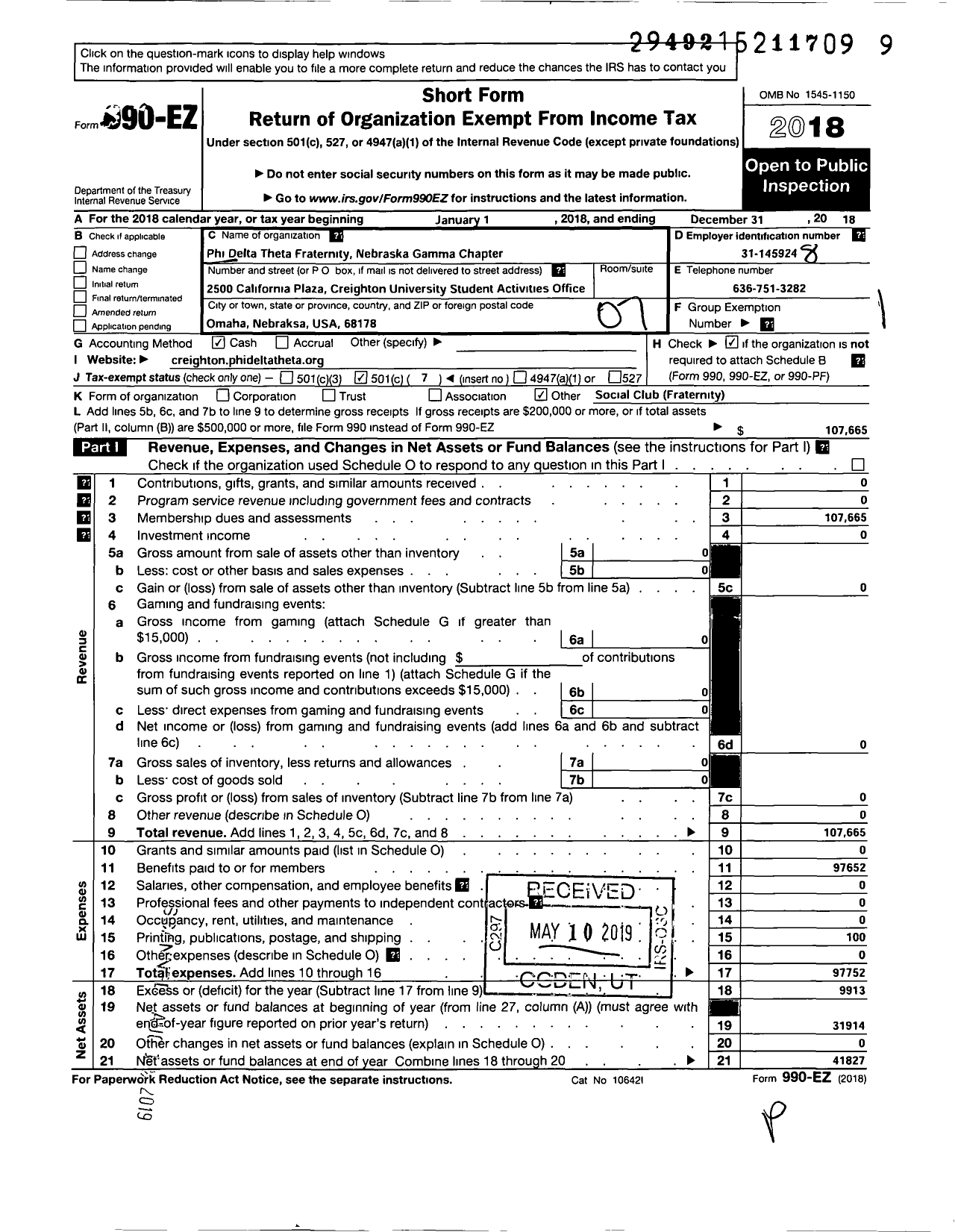 Image of first page of 2018 Form 990EO for Phi Delta Theta Fraternity - Nebraska Gamma Chapter