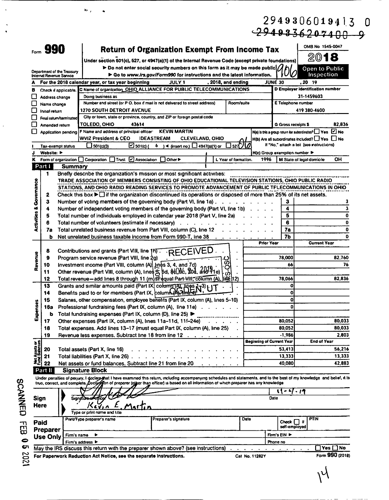 Image of first page of 2018 Form 990O for Ohio Alliance for Public Telecommunications