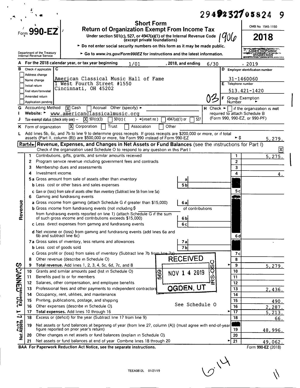 Image of first page of 2018 Form 990EZ for American Classical Music Hall of Fame