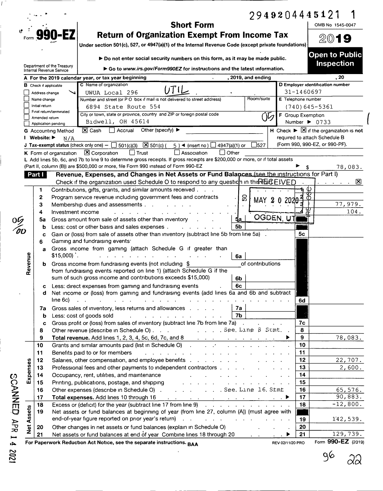 Image of first page of 2019 Form 990EO for Utility Workers Union of America - 296 Local