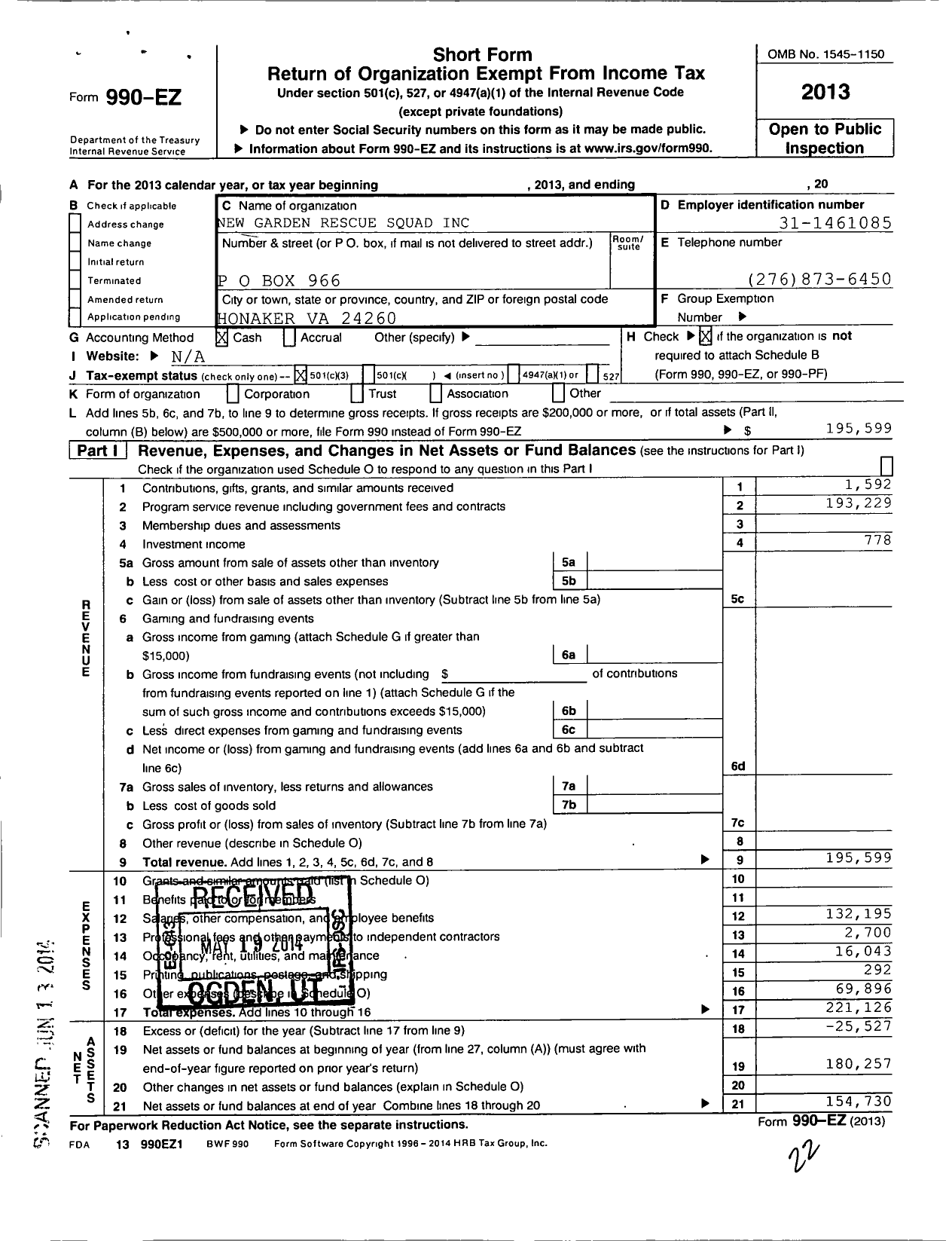 Image of first page of 2013 Form 990EZ for New Garden Rescue Squad