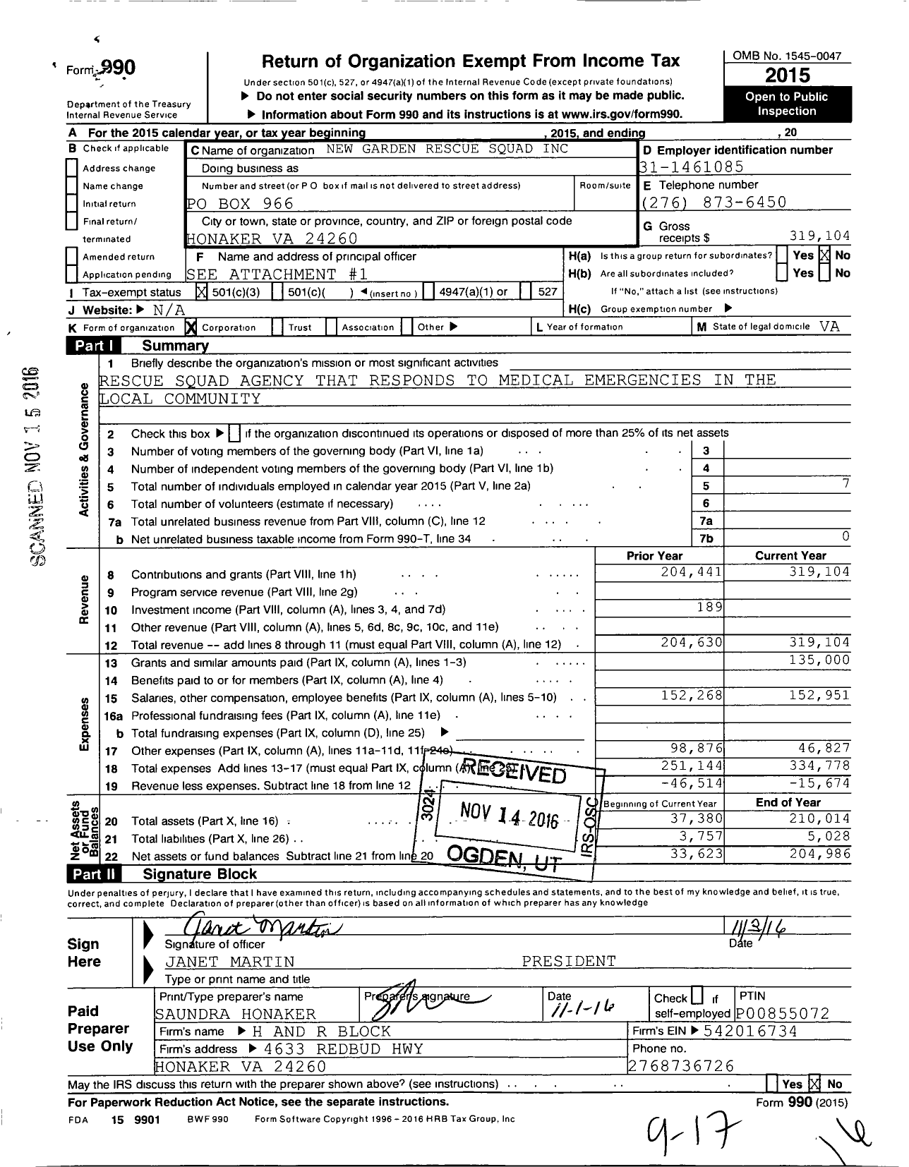 Image of first page of 2015 Form 990 for New Garden Rescue Squad