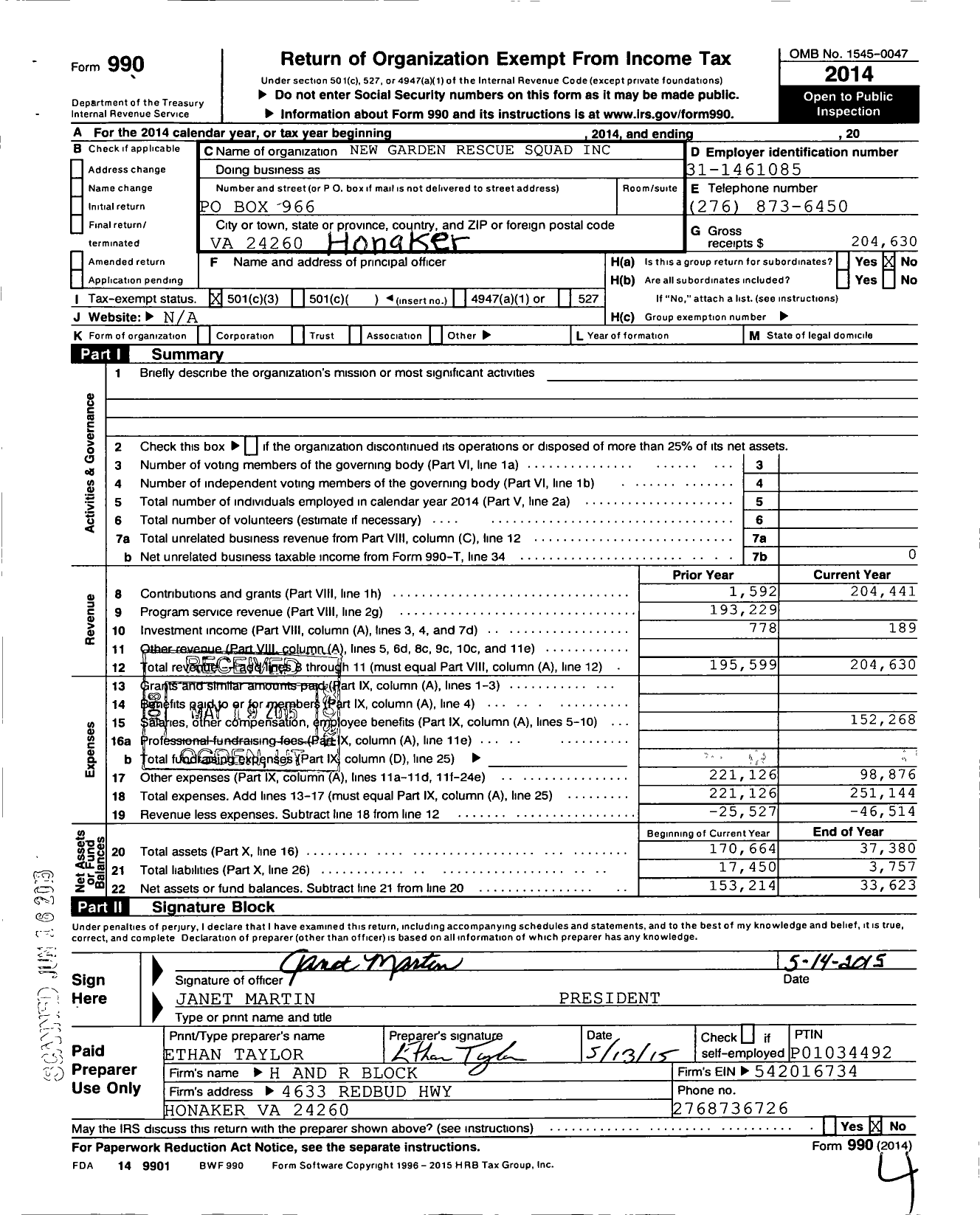 Image of first page of 2014 Form 990 for New Garden Rescue Squad