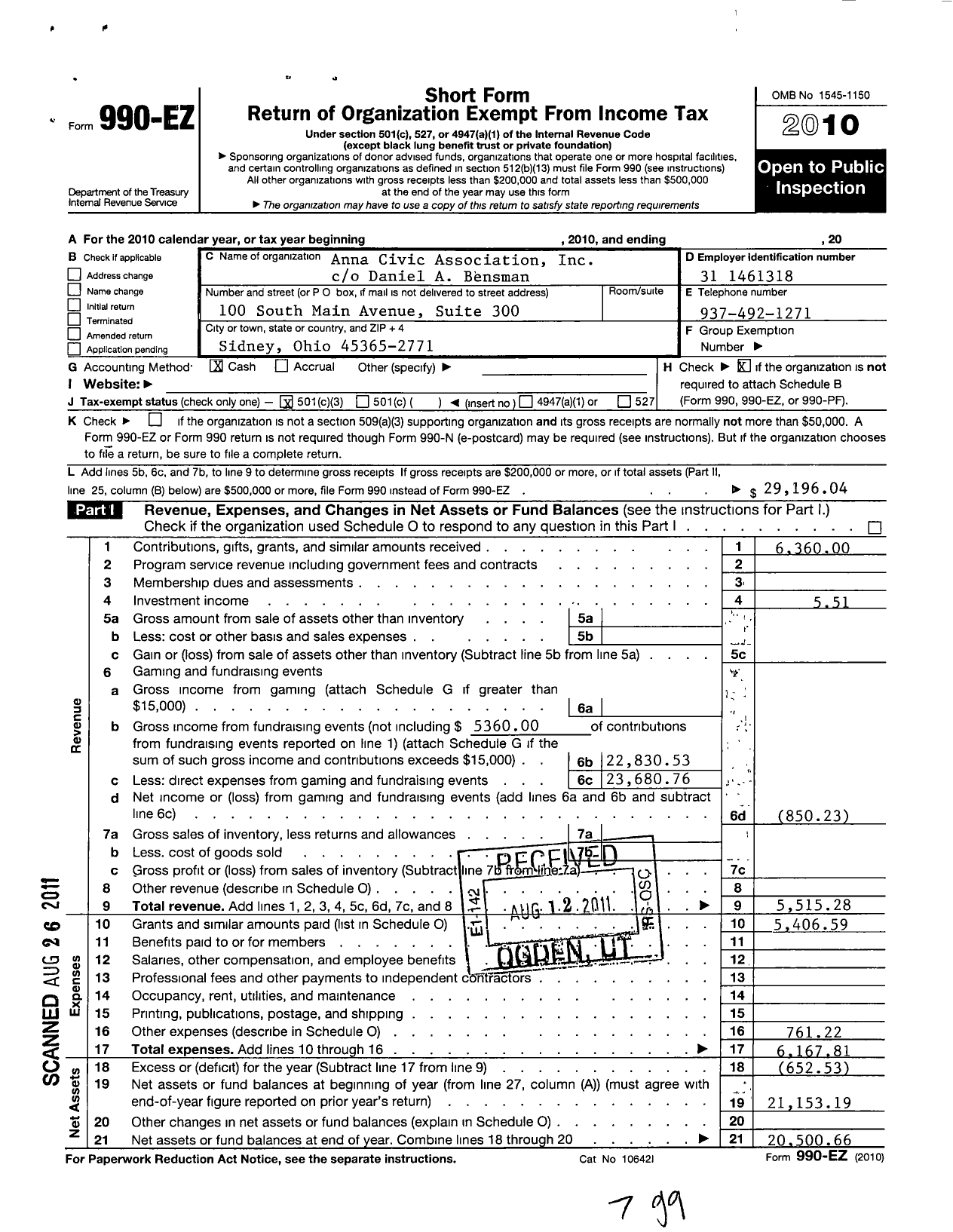 Image of first page of 2010 Form 990EZ for Anna Civic Association