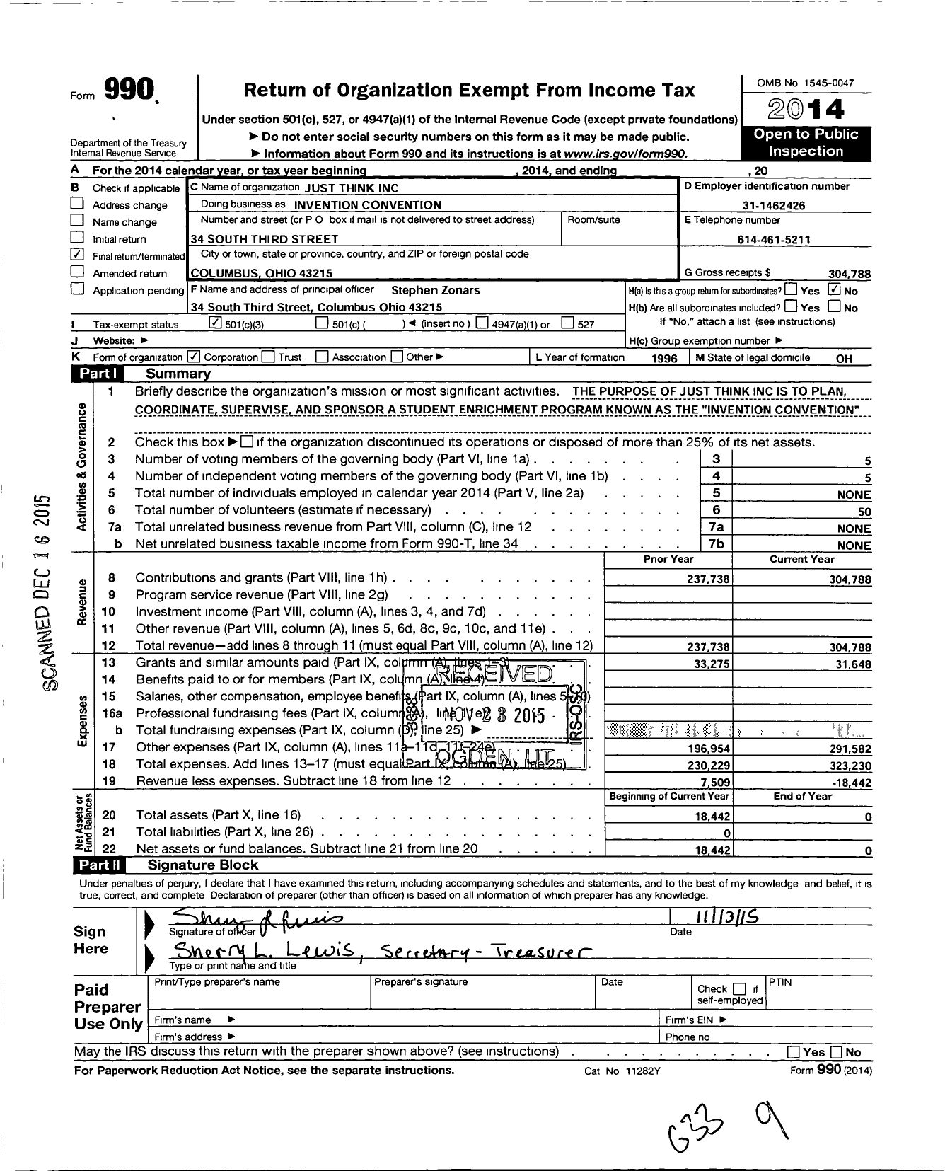 Image of first page of 2014 Form 990 for Just Think