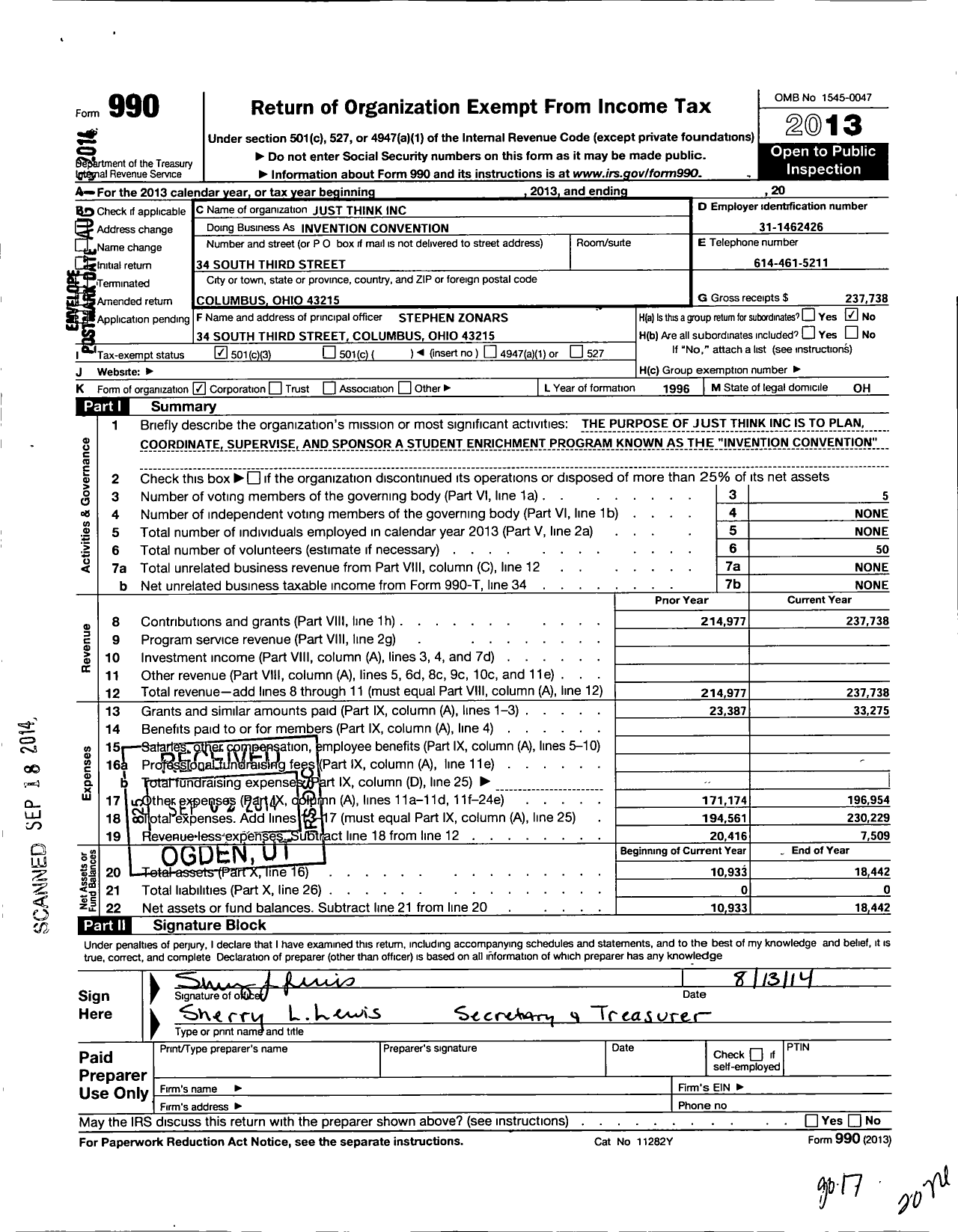 Image of first page of 2013 Form 990 for Just Think