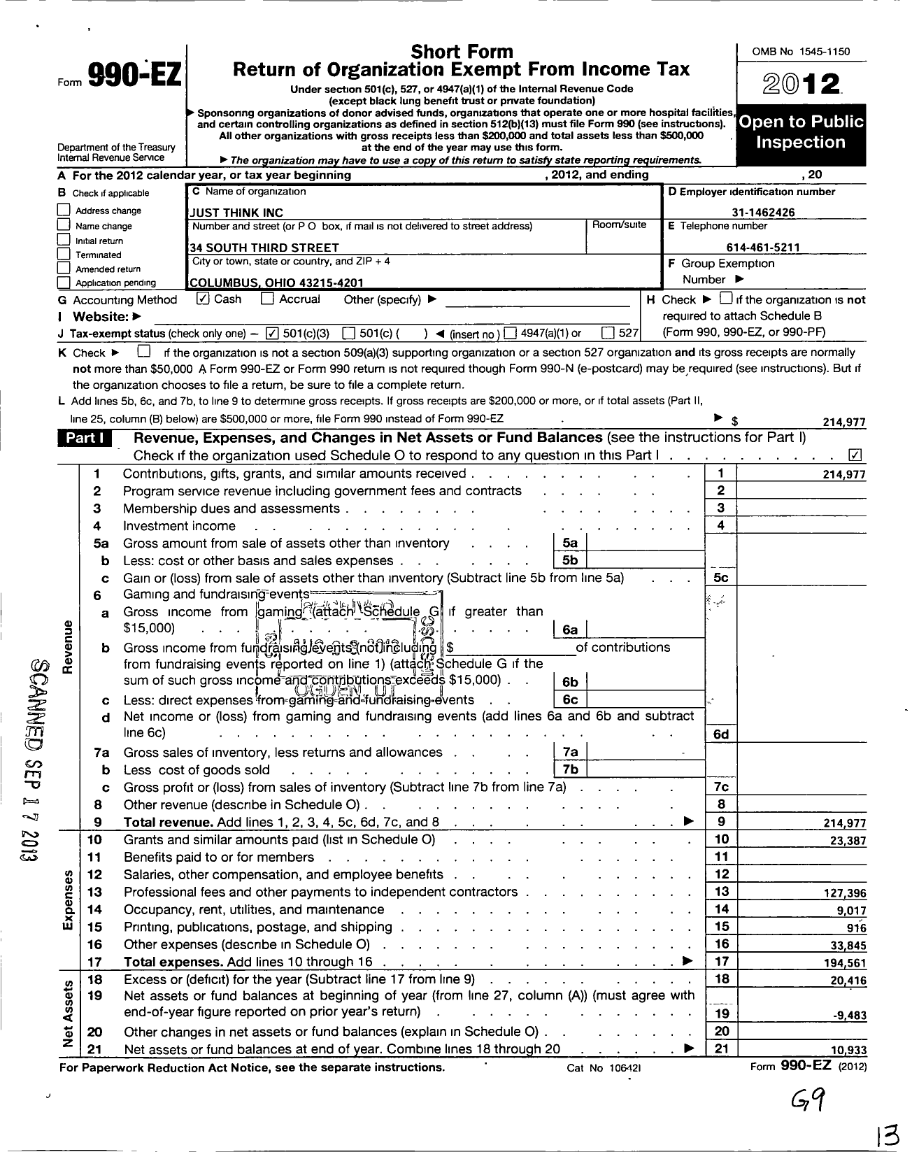 Image of first page of 2012 Form 990EZ for Just Think