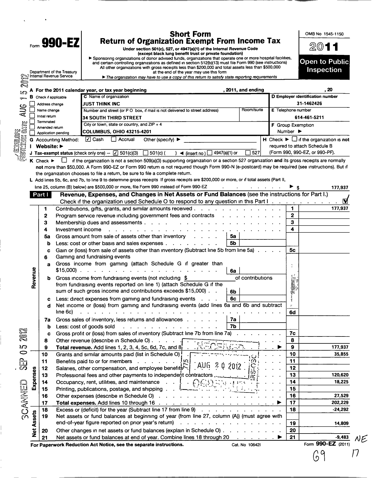 Image of first page of 2011 Form 990EZ for Just Think