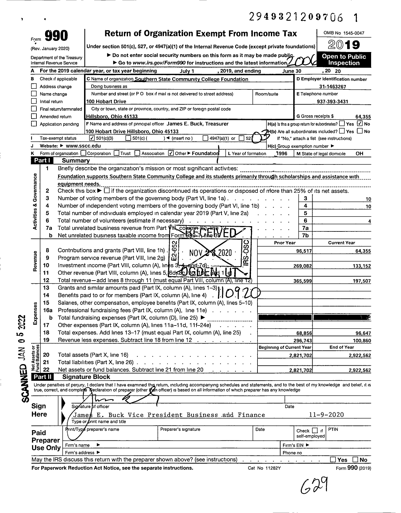 Image of first page of 2019 Form 990 for Southern State Community College Foundation