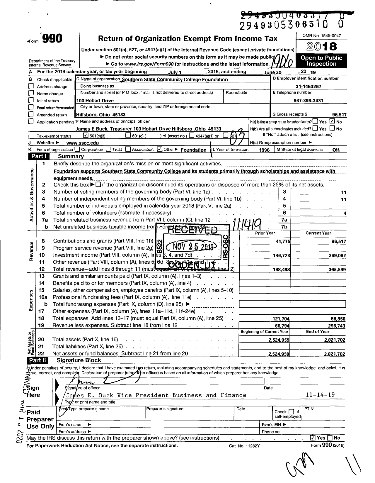 Image of first page of 2018 Form 990 for Southern State Community College Foundation