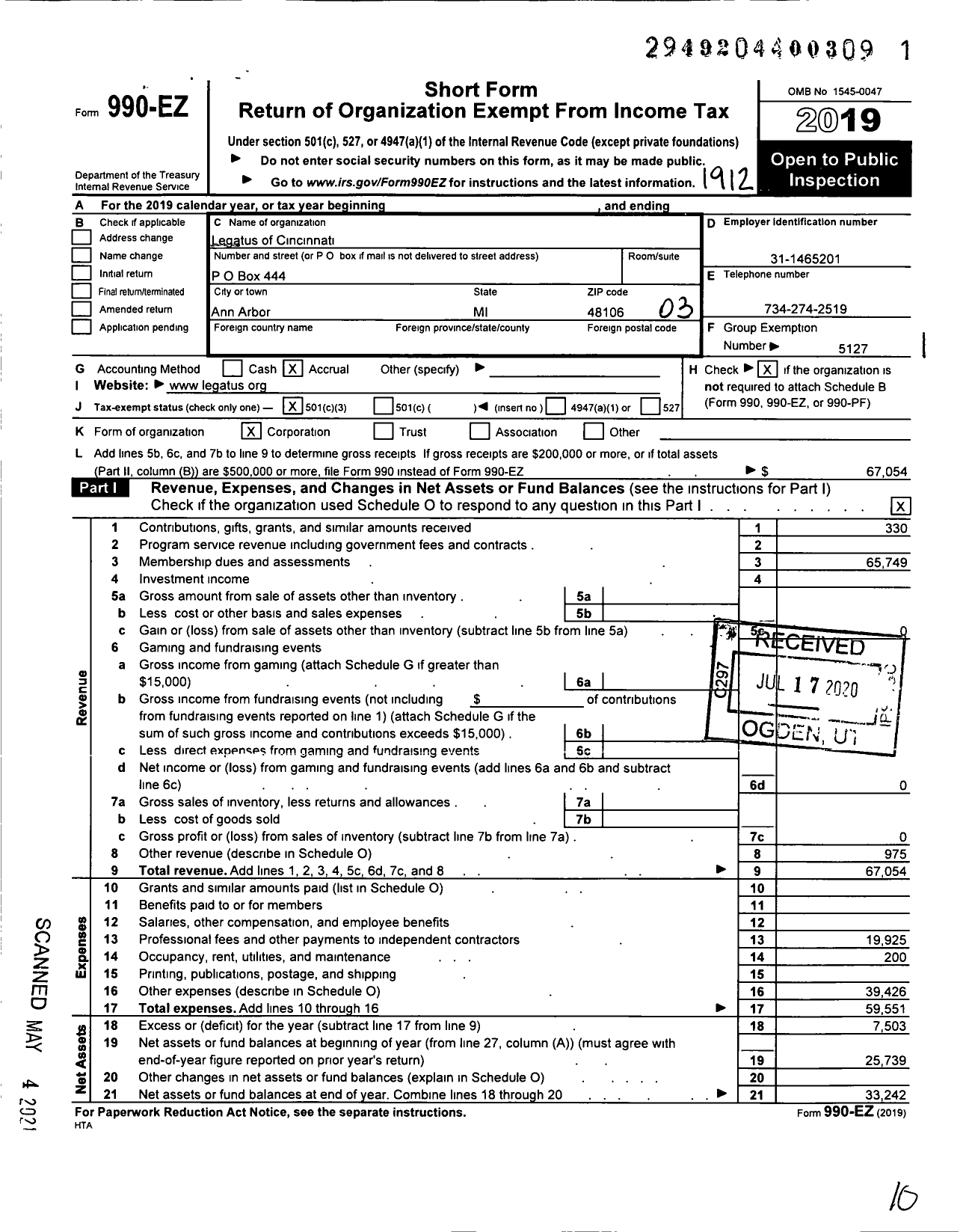 Image of first page of 2019 Form 990EZ for Legatus of Cincinnati