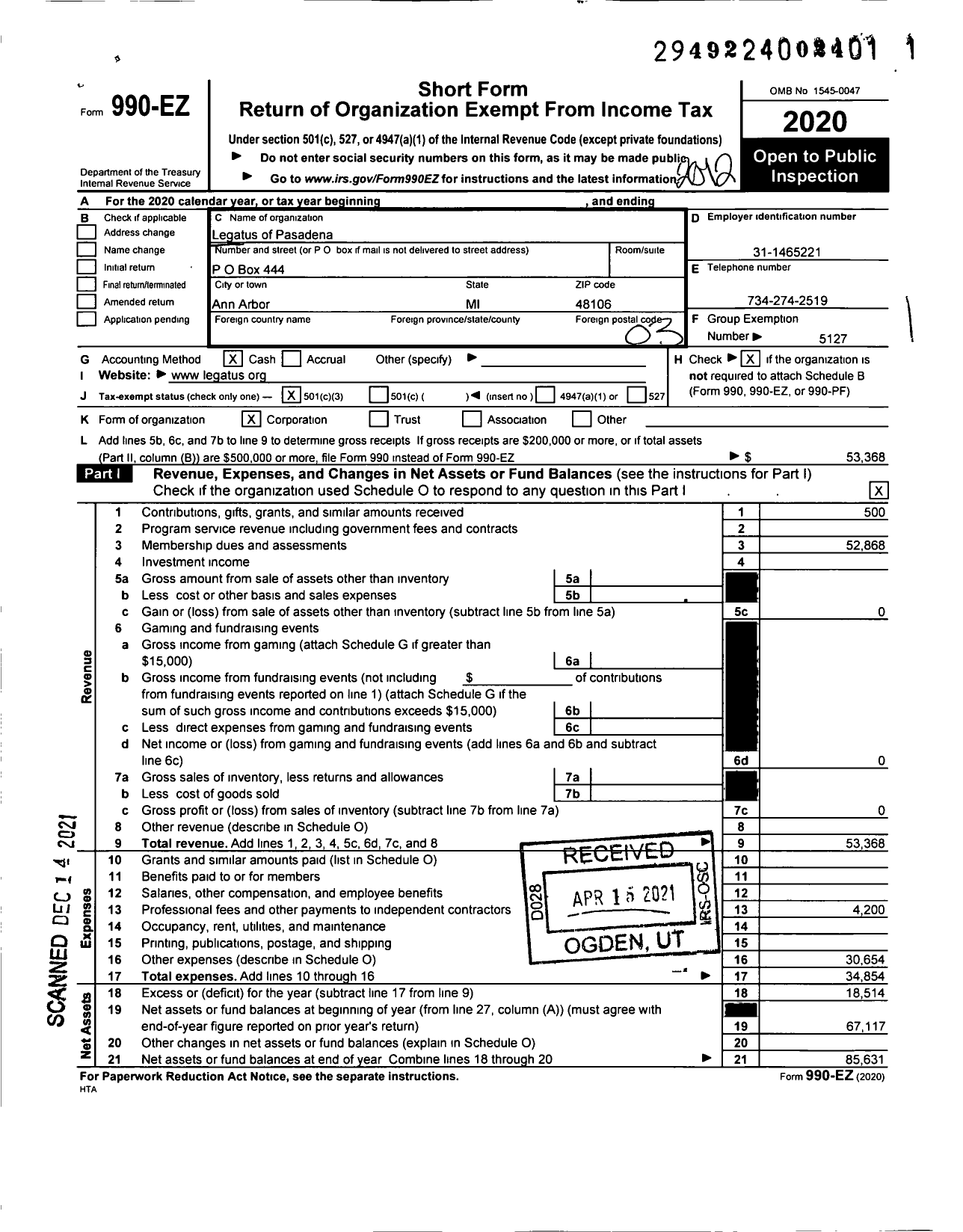 Image of first page of 2020 Form 990EZ for Legatus of Pasadena