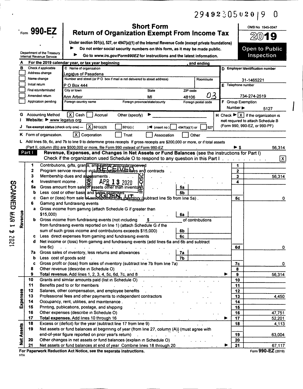 Image of first page of 2019 Form 990EZ for Legatus of Pasadena