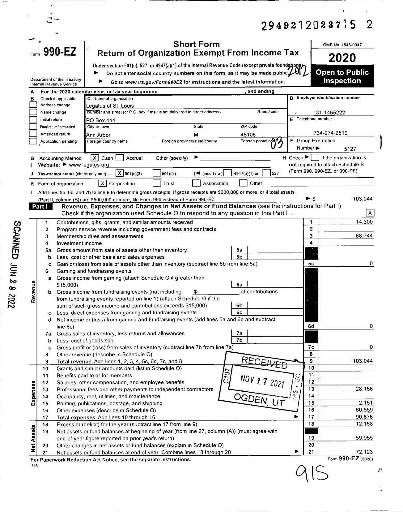 Image of first page of 2020 Form 990EZ for Legatus of St Louis